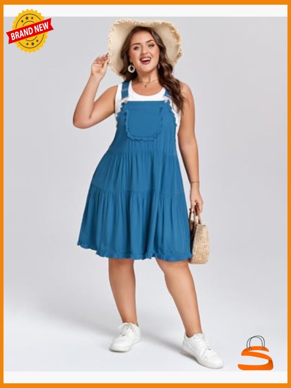 Plus Size Overall Dress Adjustable Straps Lace Trim Tiered Mini Dress with - Picture 4 of 6